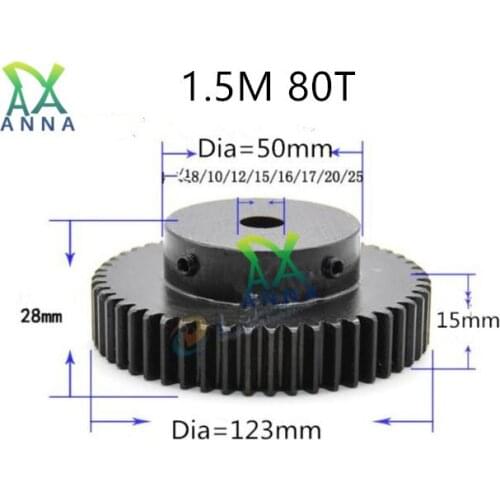1.5M 80T gear thickness 15mm 1.5mod gear rack 80teeth quenching Spur Gear pinion bore 10mm-25mm spur gear 45 steel cnc pinion