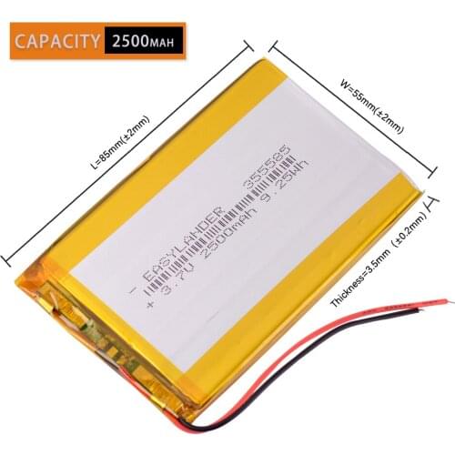 10pcs/Lot 355585 3.7V 2500mAh Polymer Li-ion Rechargeable Battery For phone E-book MP4 MP5 DVD Bluetooth speaker DVR