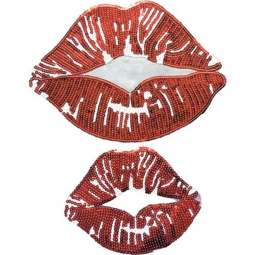 2PCS/set Red Sequins Lips Patches Iron on Beaded Paillettes Patches DIY Clothes Scraf Bags Decorated Accessories Sequined Patch