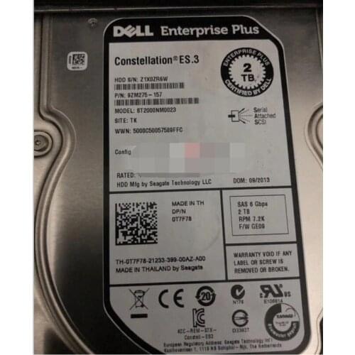 2PCS Dell EqualLogic SAS 2T 3.5 EQ Hard drive 0T7F78 ST2000NM0023