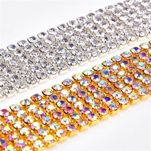 1Yard 6 Rows Diamond Trims Ab Crystal Rhinestone Cup Chain Gold Claw Base Dress Decoration Sew On Garment Bags Diy Wedding Party