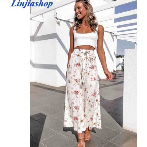 Split striped lady wide leg pants women summer beach high waist trousers chic streetwear sash casual pants capris female