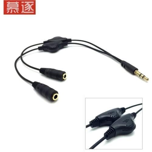 Black 3.5mm Stereo Male to Double 3.5mm Female Audio Headphone Y Splitter Cable with Volume Switch