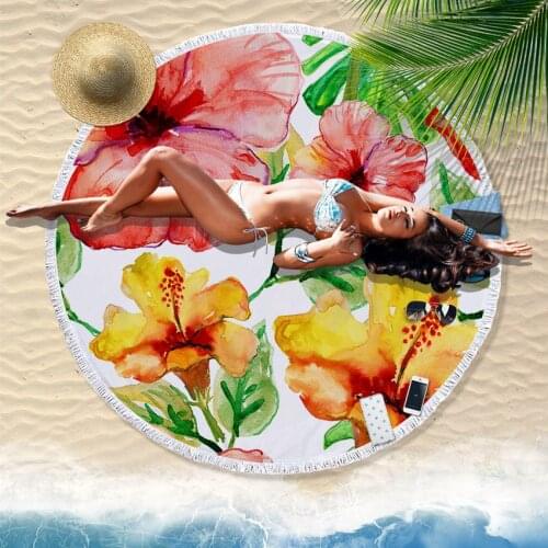 Floral Round Beach Towel With Tassel Flowers Microfiber Bath Shower Towel For Adults Picnic Yoga Mat Blanket Cover Up 500g 150cm