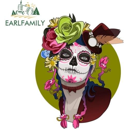 EARLFAMILY 13cm x 9.8cm for Mexican Katrina Car Sticker Funny JDM Vinyl Waterproof 3D Pull Flower Scratch-proof Window Decal