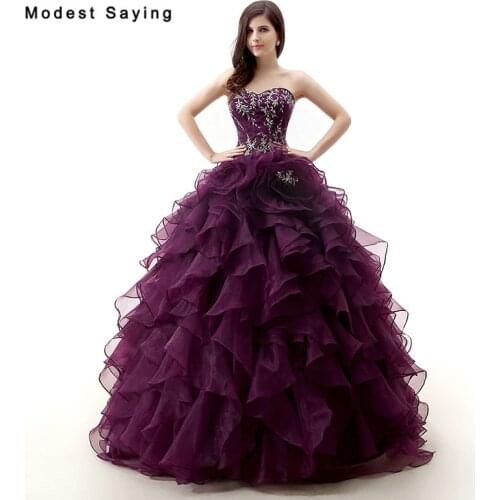 Elegant Grape Purple Ball Gown Sweetheart Beaded Lace Ruffled Quinceanera Dresses 2017 Girls Party Prom Gowns vestido de 15 anos