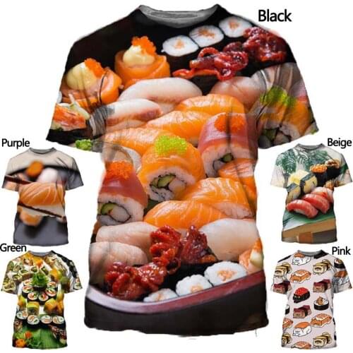 3D printed T-shirt sushi fish and meat T-shirt mens casual round neck short sleeve food T-shirt