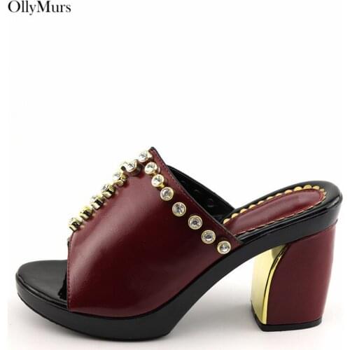 Italian Style Women Wine Color Slipper Shoes Summer Africa Rhinestones Elegant High Heels Shoes Set For Party Dress