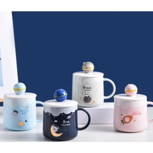 Moon Pattern Ceramic Cup with Lid Spoon Home Office Planet Water Cup Milk Coffee Cup Spherical Embossed Friend Gift