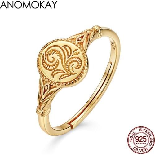 Anomokay New Arrivals Fresh Vintage Flower Gold Color Rings Real Sterling 925 Silver Adjustable Ring Simple Jewelry