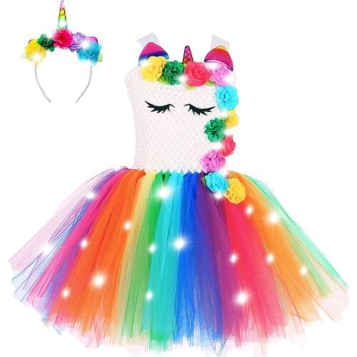 Cute Girls Unicorn Dresses Girl Glowing Party Tutu Dress Children Pageant Clothing Kids Cartoon Party Flowers Dress Headband