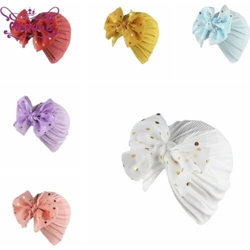 Nishine Fashion Golden Dots Bowknot Baby Girls Turban Hat Cute Handmade Bows Infant Caps Children Headwear Photography Props