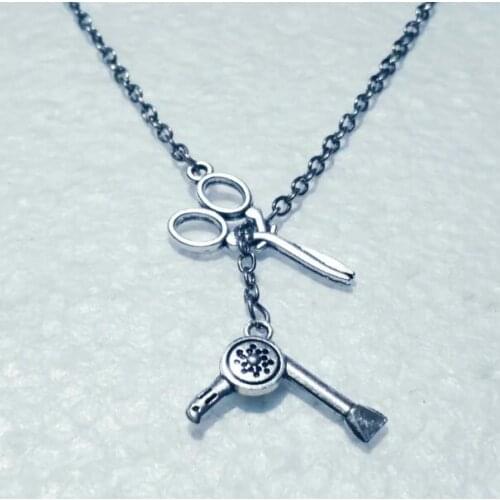 Fashion Scissors / hair dryer Sign Symbol Pendant Adjustable Cross Lariat Necklace for Women Unique Jewelry Gifts