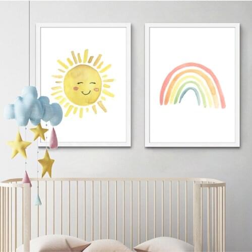 Cartoon Sun Rainbow Watercolour Painting Canvas Prints Nordic Poster Baby Nursery Decoration Pictures Kids Room Wall Art Decor