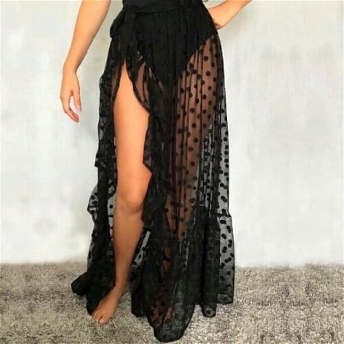 2021 New Womens Bikini Cover-ups Ladies Polka Dot Mesh Sheer Beach Skirts Ladies Swimwear See Through Sexy Spilt Maxi Skirts