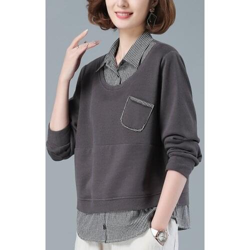 2021 Women Spring Autumn New Long Sleeve Plaid Pullover Tops Female Patchwork Hoodies Ladies Middle-aged Mother Sweatshirt R538