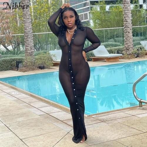 Nibber Y2K Sexy See Through Maxi Dress Women Long Sleeve Turn-down Collar Single Breasted Shirtwaist Dress Fashion Partywear