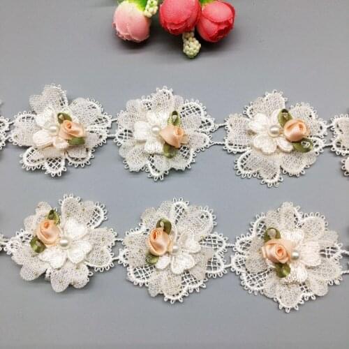 20X Soluble Pearl Beaded Rose Flowers Floral Laces Fabric Ribbon Applique Embroidered Lace Trim Wedding Dress Decoration