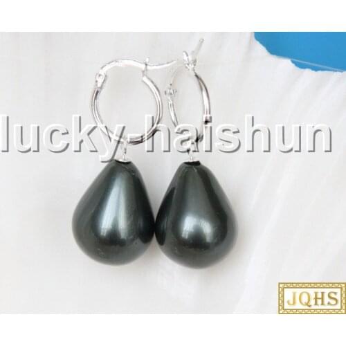 AAA Genuine 16X20mm drip Tahitian black south sea shell pearls Earrings 925sc hoop c28