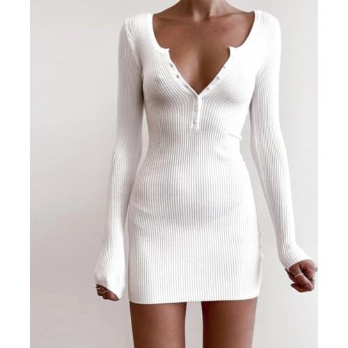Sexy Solid Low-cut Women Mini Dress 2020 Spring Autumn Button Decor V-Neck Long Sleeve High Waist Bodycon Wrap Hips Pencil Dress
