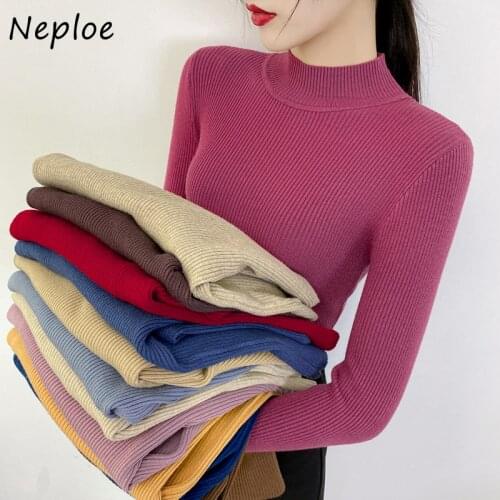 Neploe Mock-neck Versatile Slim Long Sleeve Knitted Tops Femme Solid Slim Bottoming Women Pullovers Autumn New 2021 Sweater