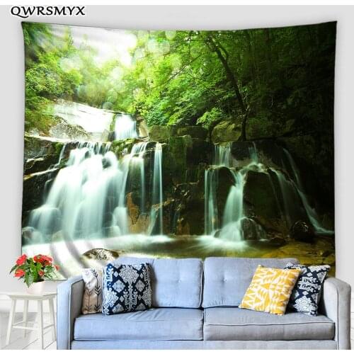 Green Forest Waterfall Landscape Tapestry Aesthetic Black Background Wall Hanging Home Living Room Bedroom Decor Wall Tapestries