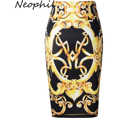 Neophil 2020 Retro Ethnic Gold Totem Print High Waist Sexy Midi Pencil Skirts Womens Plus Size Black Slim Tutu Jupe Femme S1003