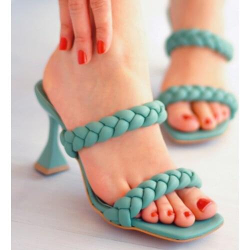 Womens Slippers 2021 Sandals 9 cm Heels Sexy Knitting Detailed Double Banded Green Heeled Shoes Summer Fashion Stiletto