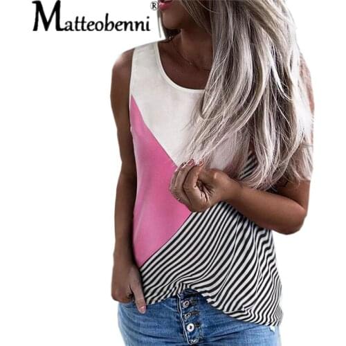 2021 Summer New Ladies Round Neck Contrast Stitching Stripe Tops Fashion Loose Casual Plus Size Vest Sleeveless Womens T-Shirt