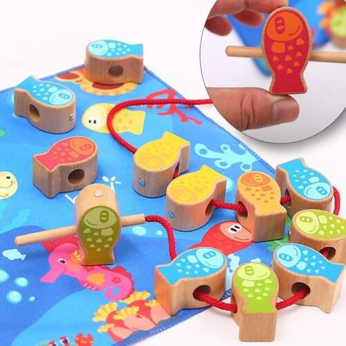 2019Children beaded early education educational multifunctional toys wooden fishing game wearing rope fun toys
