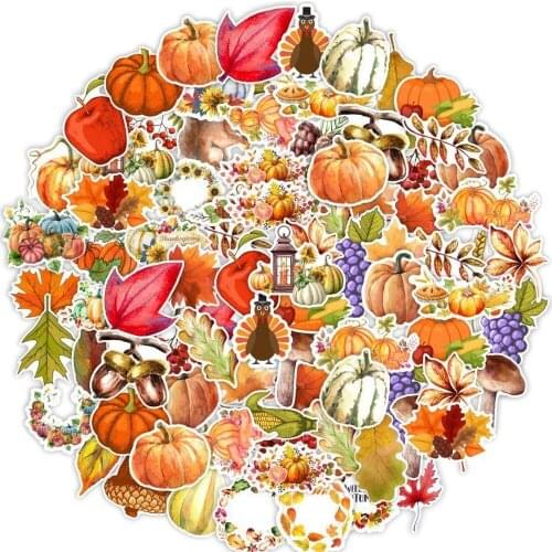 50PCS Cartoon Autumn Harvest Thanksgiving Pumpkin Maple Leaf Stickers for Guitar Snowboard Luggage Decal Leaves Sticker