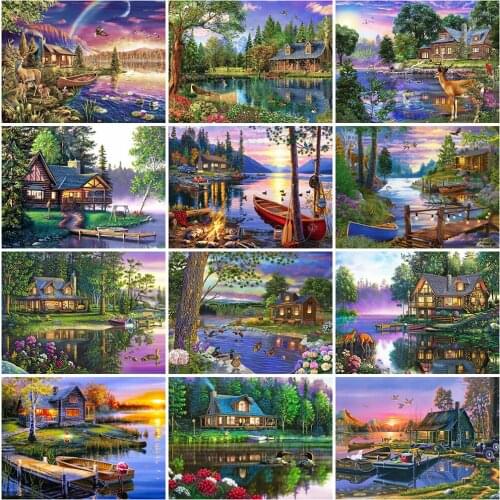 5D DIY Diamond Painting House Mosaic Diamond Embroidery Lake Landscape Mosaic Spring Cross Stitch Kits Home Decor Gift