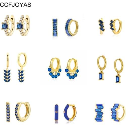 CCFJOYAS 18K Gold Plated Dark Blue Zircon Hoop Earrings Europen and American 925 Sterling Silver Circle Piercing Huggie Earring