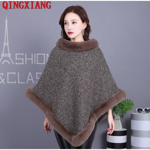 Black Imitation Rex Rabbit Winter Out Street Wear Women Capes Solid Poncho Knitted O Neck Fur Sweater Plus Velvet Warm Pullover