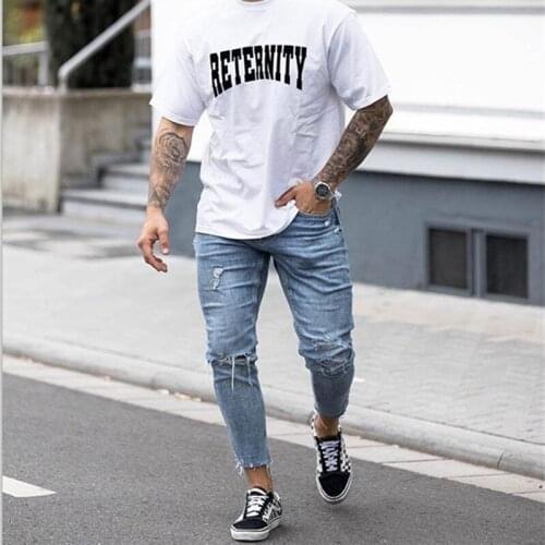 Men New blue Knee Ripped Destroyed Skinny Jeans Hip hop Fashion Designer Streetwear male Casual Joggers Denim trousers