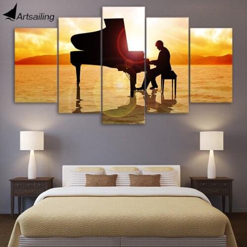 HD Printed 5 Piece Canvas Art Piano Music Sunset Beach Sea Painting Wall Pictures for Living Room Modern Free Shipping CU-1535B