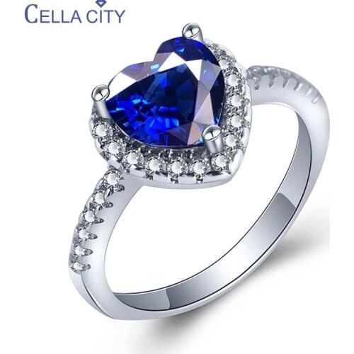 Cellacity Heart shaped Sapphire Ring for Women Trendy Chic Silver 925 Jewelry Gemstone Size5-11 Female Engagement Ring Wholesale