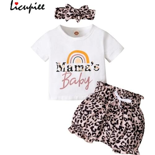 Summer Baby Girl Clothes Sets Kids Suit Set, Summer Letter Print O-neck Short Sleeve Tops+ Leopard Print Shorts+ Headband Baby
