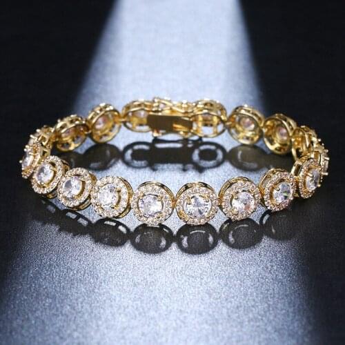 ORZTOON Fashion Bling Round Zircon Hollow Chain Bracelets for Women Retro Gold Beauty Brass Bracelet Trendy Wedding Jewelry Gift