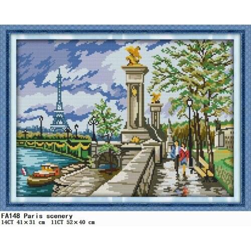Joy Sunday Cross Stitch Embroidery Needlework Kit Paris Scenery Stamped Thread 11CT 14CT Printed Fabric Gift Counted Pattern Set