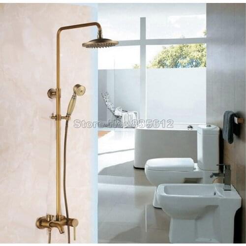 Retro Bathroom Wall Mounted 8 inch Rainfall Shower Mixer Faucet Set W/ Single Lever Bathtub Taps Antique Brass Finish Wrs185