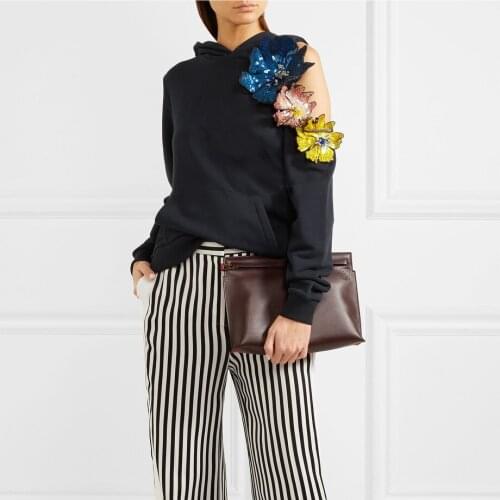 New Arrive Women Hoodies Long Sleeve Irregular Off Shoulder Hollow Out 3D Sequin Flowers Sweatshirts