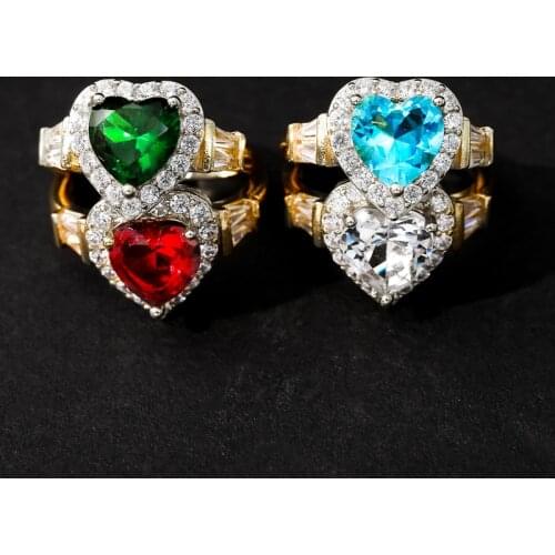 New female popular jewelry sea-blue heart-shaped staircase square small zircon exquisite copper ring holiday bestie rings for wo