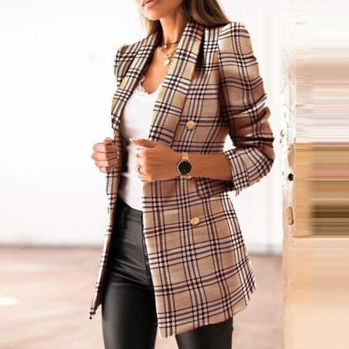 Casual Plaid suits coat Office lady suit collar blazer jacket women Elagant chic slim double-breasted spring coats 2021
