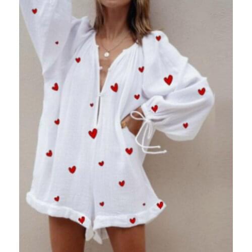 Casual Lantern Sleeve Beach Jumpsuit Sexy V Neck Heart Print Playsuit Rompers Elegant Women Loose Cargo Pants Overalls Bodysuit