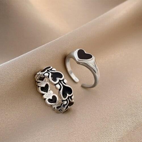 YAONUAN 2pcs/Set Vintage Love Heart Silver Plated Ring For Women Opening Adjustable Finger Accessories Party Fashion Jewelry