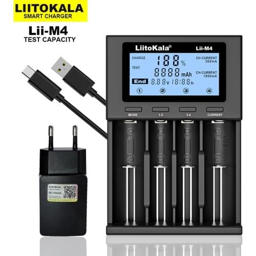 LiitoKala Lii-M4 18650 Battery Charger, LCD Display Universal Smart Charger Test Capacity For 26650 21700 18500 AA AAA etc 4slot