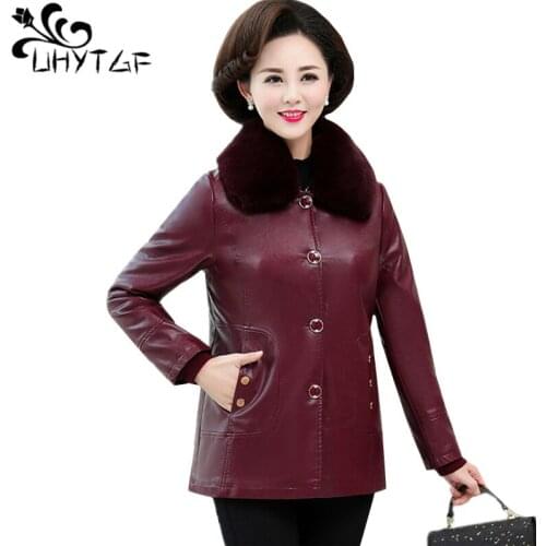 UHYTGF Washed leather autumn winter leather jacket women quality PU leather warm jacket fur collar casual 5XL plus size coat1090