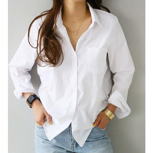 2021 Spring One Pocket Women White Shirt Feminine Blouse Top Long Sleeve Casual Turn-down Collar OL Style Women Loose Blouses