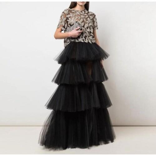 2020 Elegant Black Tiered Ruffled Tulle Skirts Women Hi Low Tiered Long Women Maxi Tulle Skirt Party Prom Street shoot Skirt